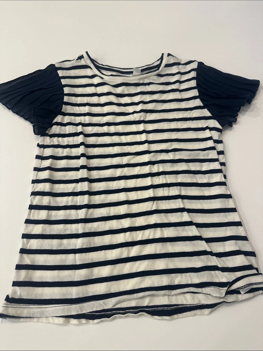 GAP Navy and White Striped Short Sleeve Top with Pleated Sleeves Girls medium